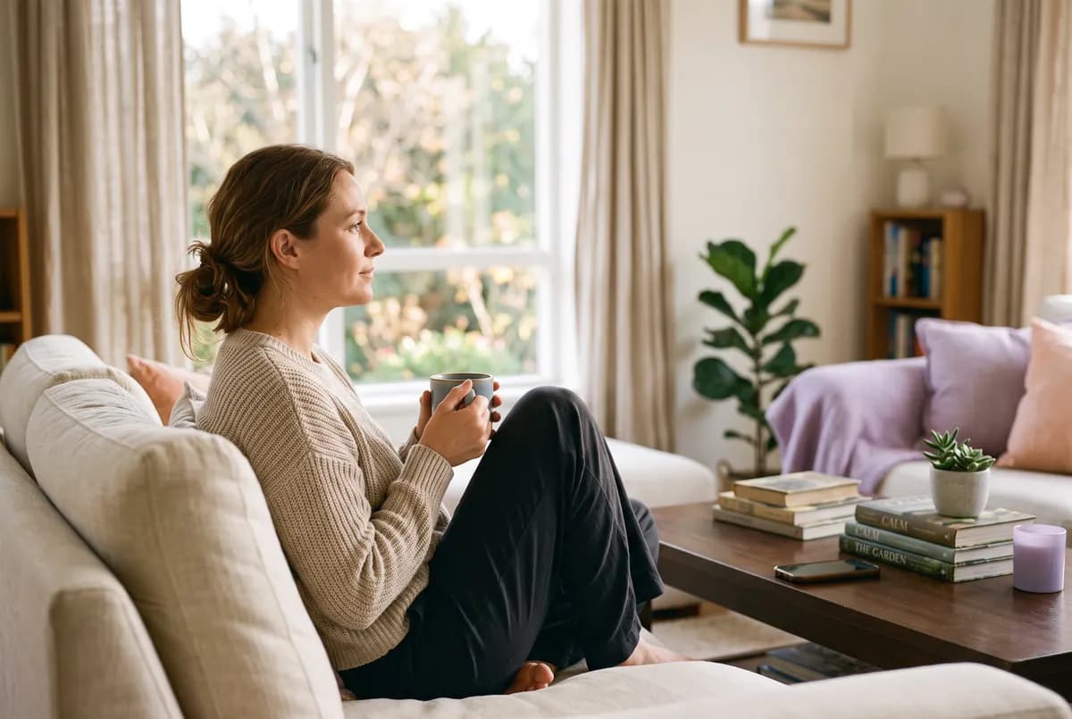 A parent relaxing on the sofa with a cup of tea, phone face-down on the table