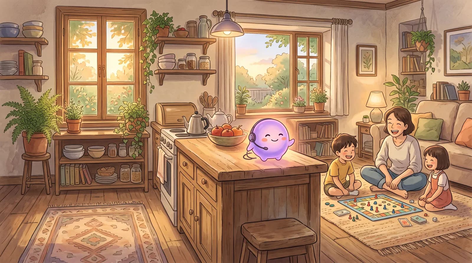 Illustration: the Jen helper orb on a phone call on the kitchen counter while a parent plays a board game with two kids