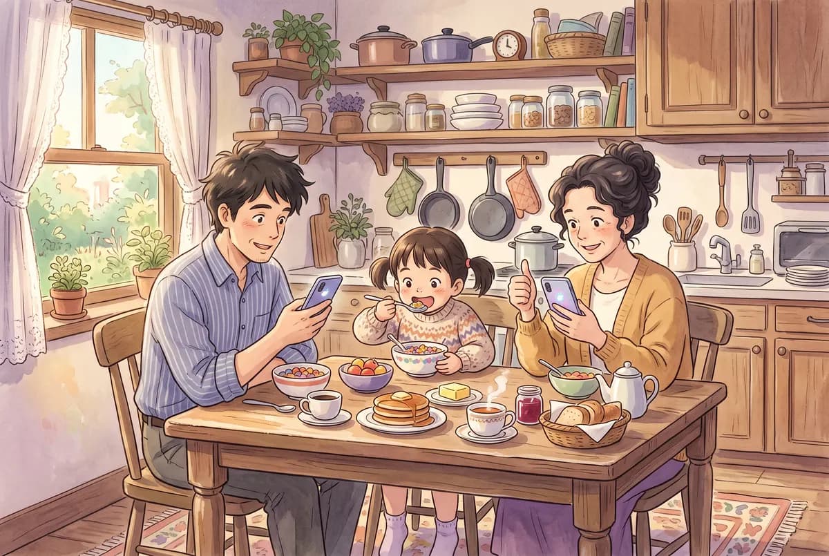 Illustration: two parents at breakfast each approving something on their phone